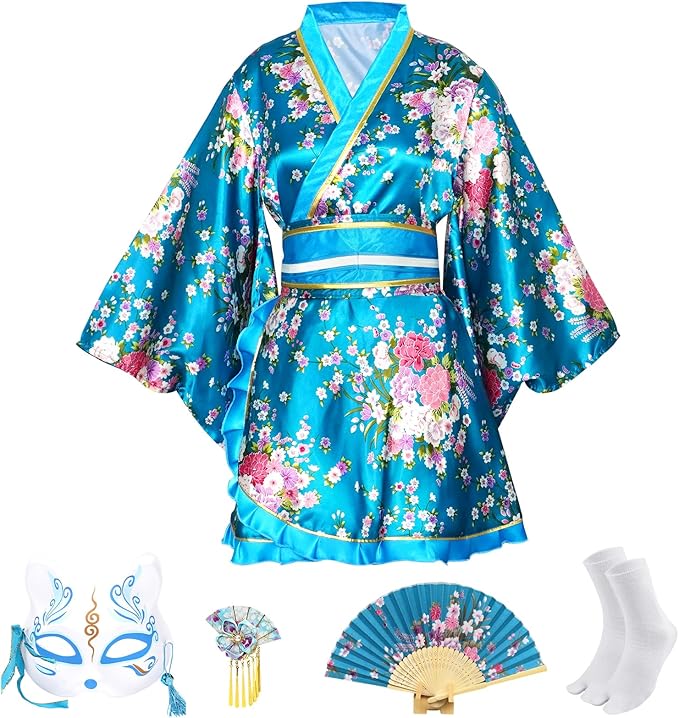 Kimono Kitsune Azur — satin turquoise fleuri, livré avec masque kitsune, éventail, ornement de cheveux et chaussettes tabi