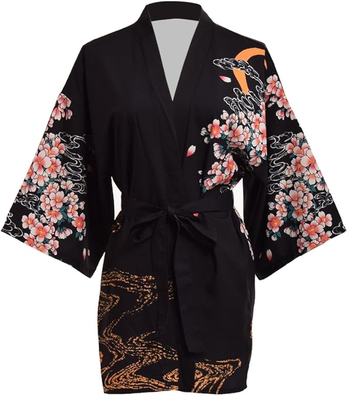 Kimono Vague Nocturne — kimono court noir à fleurs de cerisier et vagues dorées, ceinture à nouer